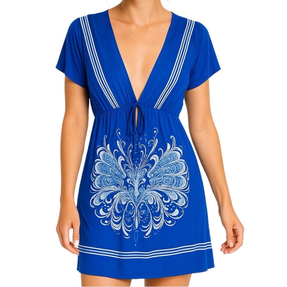 Julia Womens Medium Blue Tunic/Kaftan Dress Cover Up Rhinestones Silk Polyester